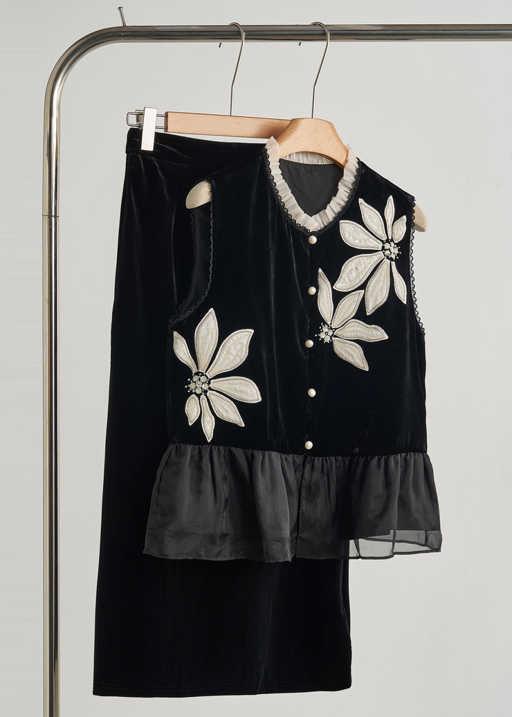 DIY Black Embroidered Organza Patchwork Silk Velour Vests Fall