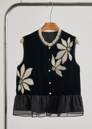 DIY Black Embroidered Organza Patchwork Silk Velour Vests Fall