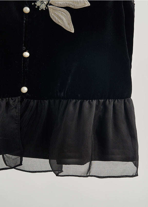 DIY Black Embroidered Organza Patchwork Silk Velour Vests Fall