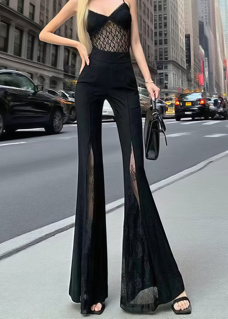 DIY Black High Waist Patchwork Lace Bell-bottom Trousers Summer