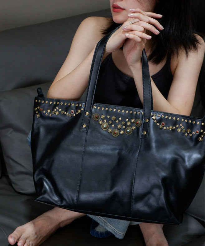 DIY Black Large Capacity Rivet Leather Women Shoulder Bags