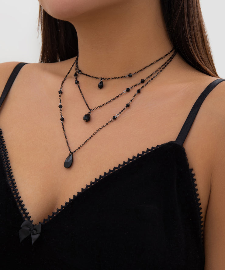 DIY Black Metal Crystal Tassel Three-Piece Set Pendant Necklace