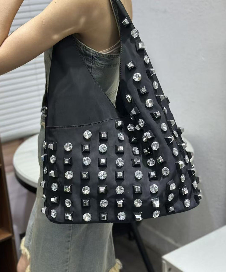 DIY Black Rhinestone Large Capacity Nylon Shoulder Bags