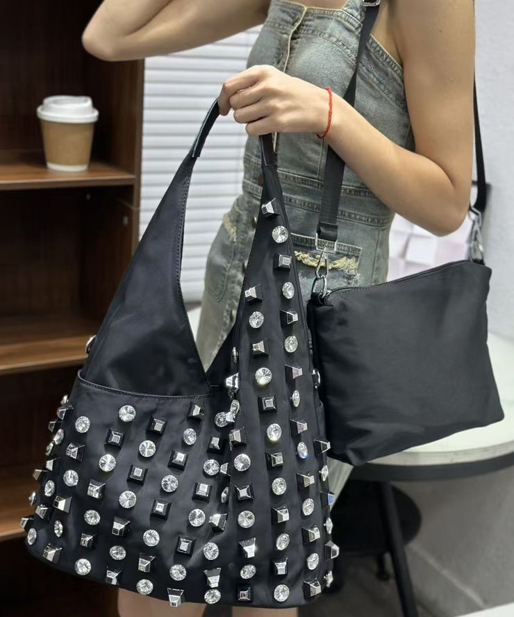 DIY Black Rhinestone Large Capacity Nylon Shoulder Bags