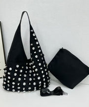 DIY Black Rhinestone Large Capacity Nylon Shoulder Bags