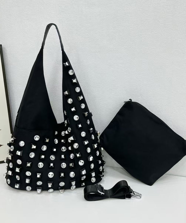 DIY Black Rhinestone Large Capacity Nylon Shoulder Bags
