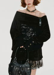 DIY Black Slash Neck Cold Shoulder Print Knit Shirts Winter