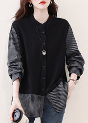 DIY Black Striped Patchwork Cotton Fake Two Piece Tops Fall