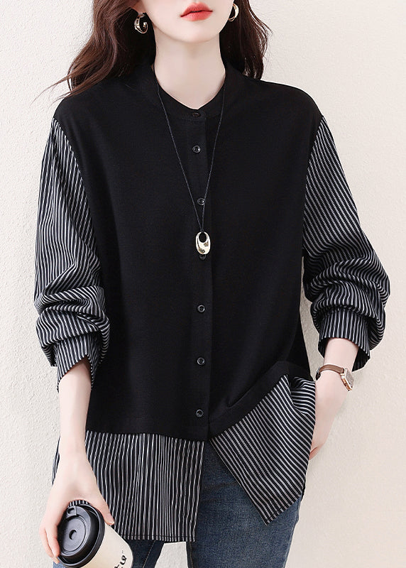 DIY Black Striped Patchwork Cotton Fake Two Piece Tops Fall