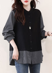 DIY Black Striped Patchwork Cotton Fake Two Piece Tops Fall