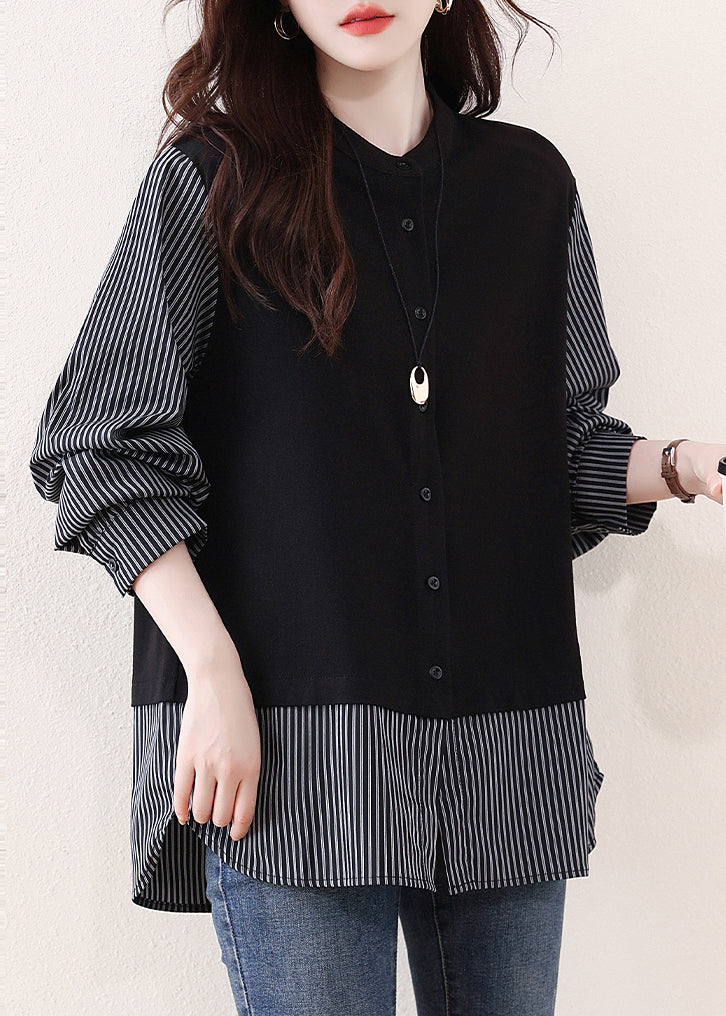 DIY Black Striped Patchwork Cotton Fake Two Piece Tops Fall