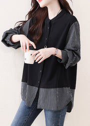 DIY Black Striped Patchwork Cotton Fake Two Piece Tops Fall