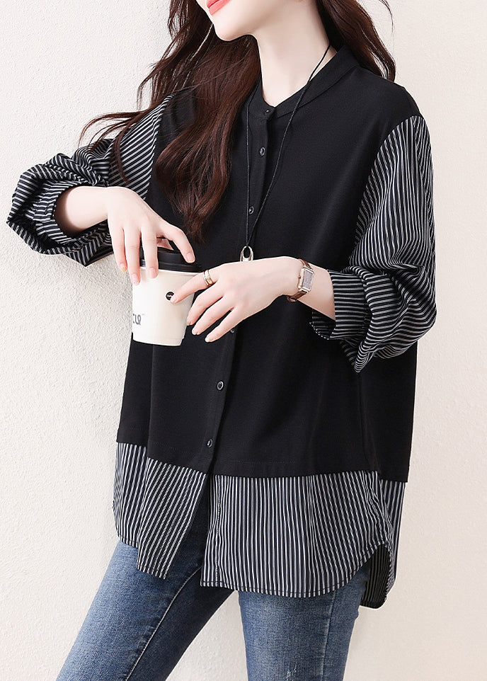 DIY Black Striped Patchwork Cotton Fake Two Piece Tops Fall
