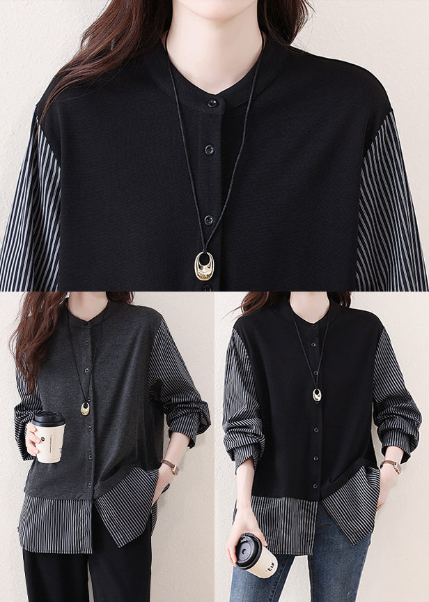DIY Black Striped Patchwork Cotton Fake Two Piece Tops Fall