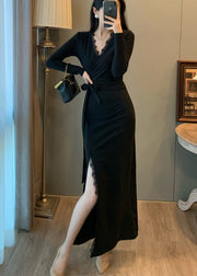 DIY Black Tie Waist Patchwork Eyelash Side Open Long Dresses