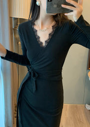 DIY Black Tie Waist Patchwork Eyelash Side Open Long Dresses