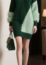DIY Blackish Green Asymmetrical Patchwork Faux Fur Knitted Dress Winter