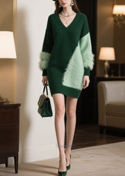 DIY Blackish Green Asymmetrical Patchwork Faux Fur Knitted Dress Winter