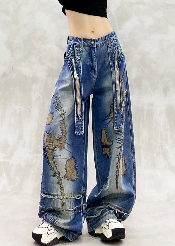 DIY Blue Embroidered Zippered Denim Wide Leg Pants Spring