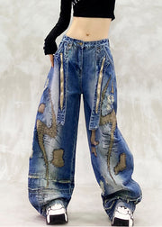 DIY Blue Embroidered Zippered Denim Wide Leg Pants Spring