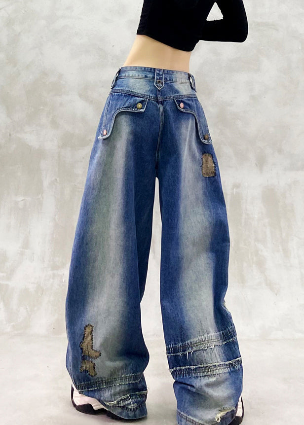 DIY Blue Embroidered Zippered Denim Wide Leg Pants Spring