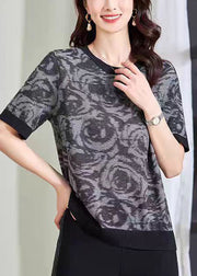 DIY Blue O-Neck Print Knit Top Summer