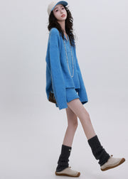 DIY Blue V Neck Asymmetrical Design Knit Two Piece Set Women Clothing Winter