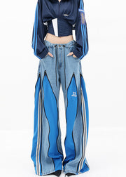 DIY Blue Zip Up Patchwork Drawstring Denim Wide Leg Pants Fall