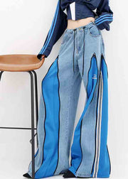 DIY Blue Zip Up Patchwork Drawstring Denim Wide Leg Pants Fall
