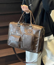 DIY Brown Large Capacity Smile Decorated Faux Leather Tote Handbag