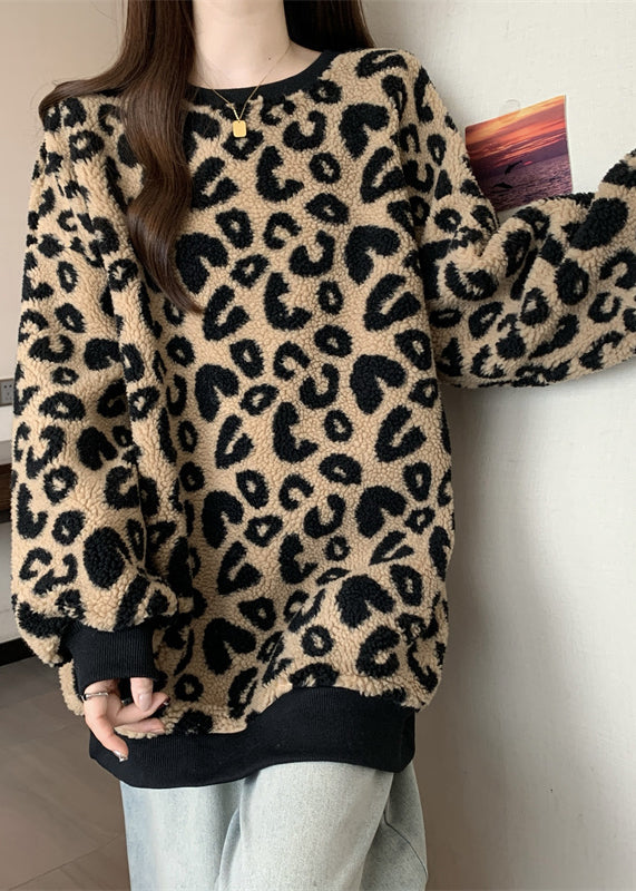 DIY Brown Oversized Leopard Faux Fur Sweatshirt Streetwear Winter