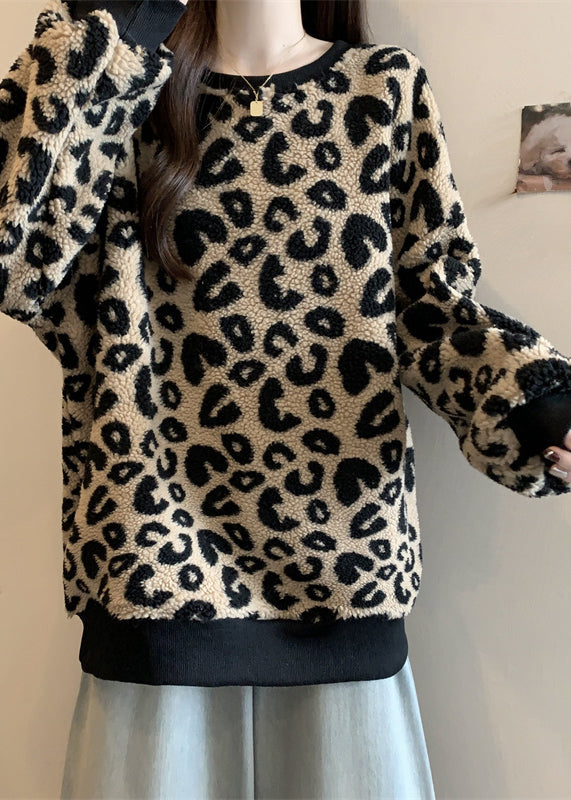 DIY Brown Oversized Leopard Faux Fur Sweatshirt Streetwear Winter