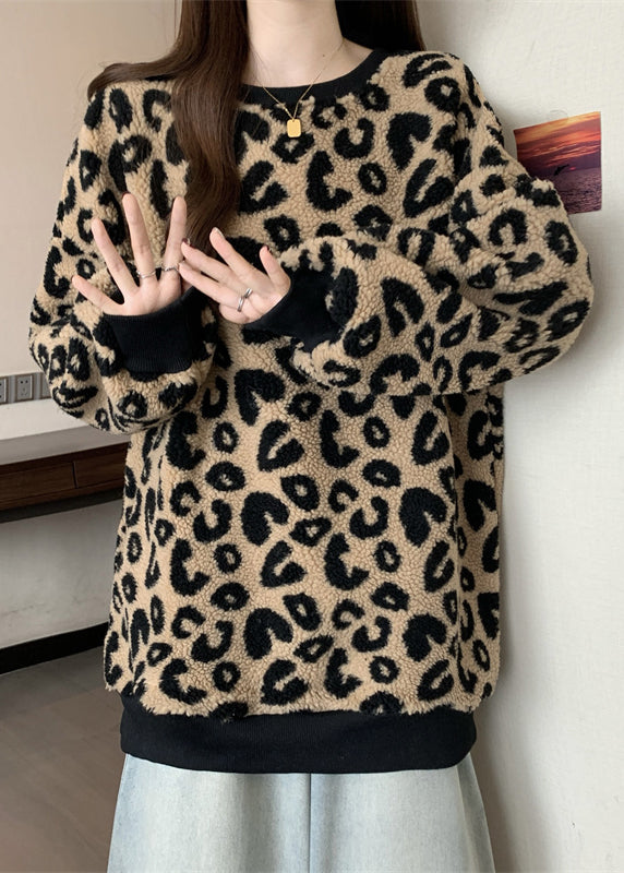 DIY Brown Oversized Leopard Faux Fur Sweatshirt Streetwear Winter