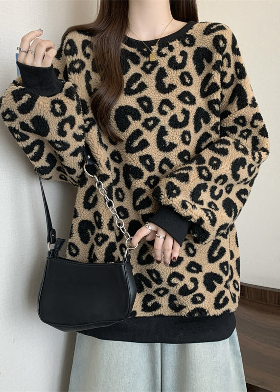 DIY Brown Oversized Leopard Faux Fur Sweatshirt Streetwear Winter