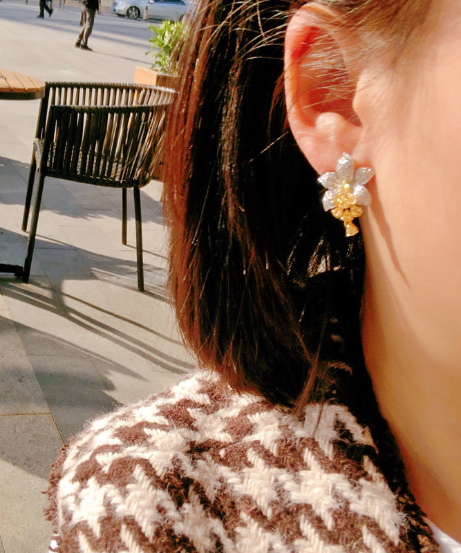 DIY Colorblock Alloy Zircon Crystal Floral Stud Earrings
