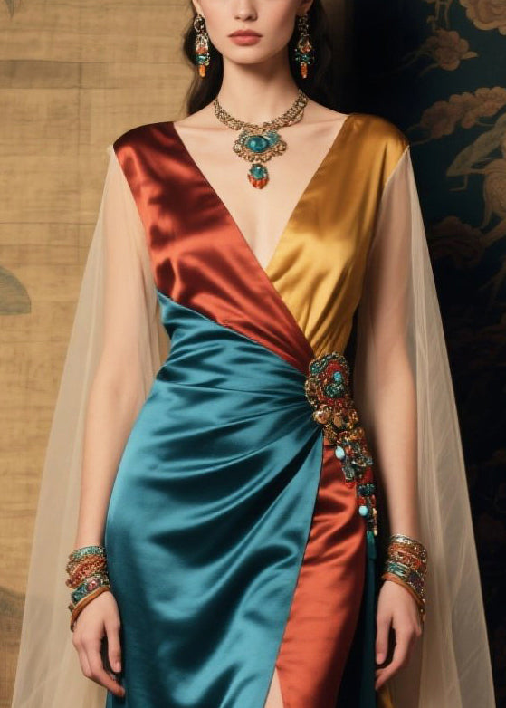 DIY Colorblock Asymmetrical Patchwork Exra Large Hem Silk Dress Summer