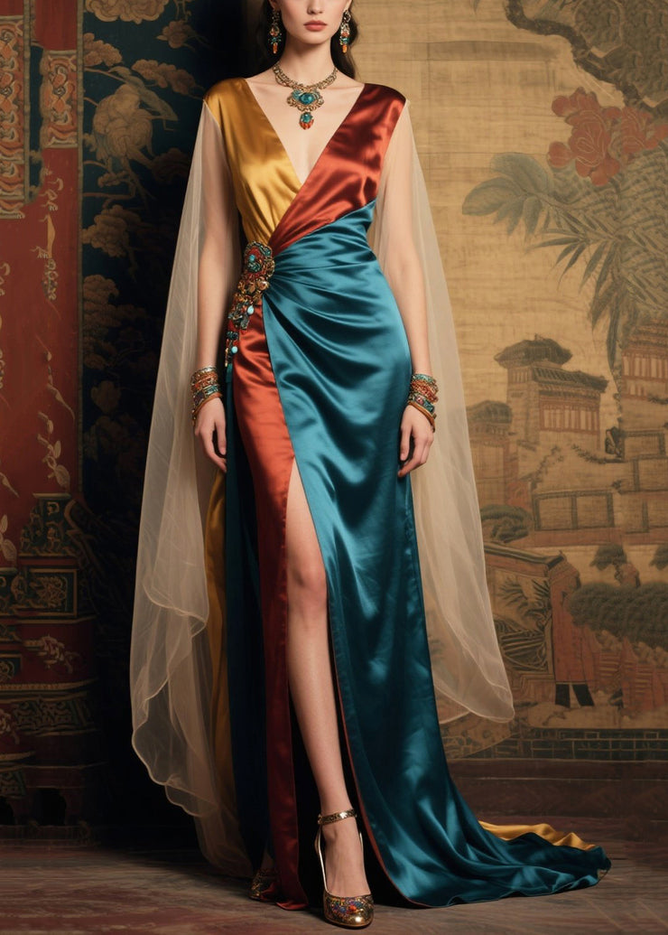 DIY Colorblock Asymmetrical Patchwork Exra Large Hem Silk Dress Summer
