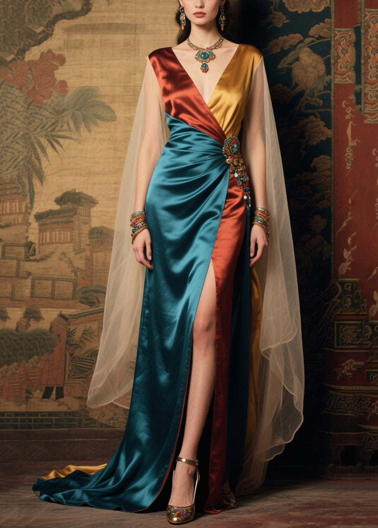 DIY Colorblock Asymmetrical Patchwork Exra Large Hem Silk Dress Summer