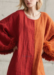 DIY Colorblock O-Neck Patchwork Faux Fur Maxi Dress Lantern Sleeve