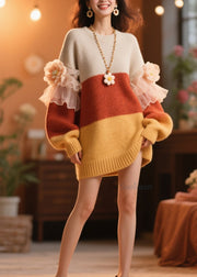 DIY Colorblock O Neck Ruffled Floral Knit Dress Winter