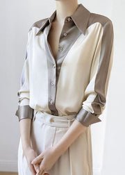 DIY Colorblock Peter Pan Collar Patchwork Silk Shirt Spring