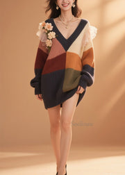 DIY Colorblock V Neck Floral Ruffled Knit Sweater Dress Fall
