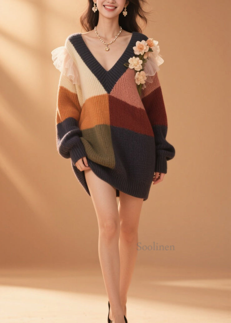 DIY Colorblock V Neck Floral Ruffled Knit Sweater Dress Fall