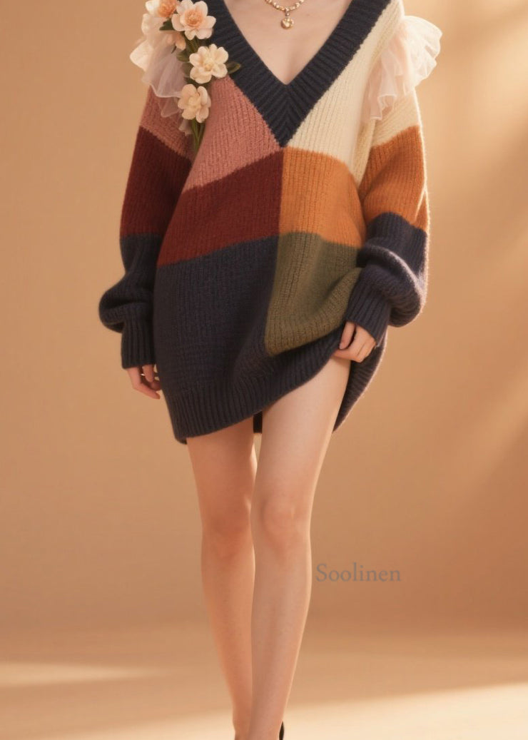 DIY Colorblock V Neck Floral Ruffled Knit Sweater Dress Fall