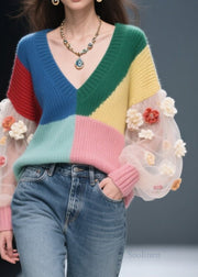 DIY Colorblock V Neck Floral Tulle Patchwork Knit Sweater Fall