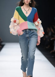 DIY Colorblock V Neck Floral Tulle Patchwork Knit Sweater Fall