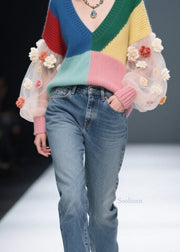 DIY Colorblock V Neck Floral Tulle Patchwork Knit Sweater Fall