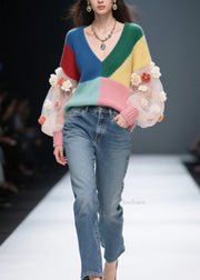 DIY Colorblock V Neck Floral Tulle Patchwork Knit Sweater Fall