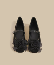 DIY Floral Buckle Strap Splicing Flat Feet Shoes Black Suede