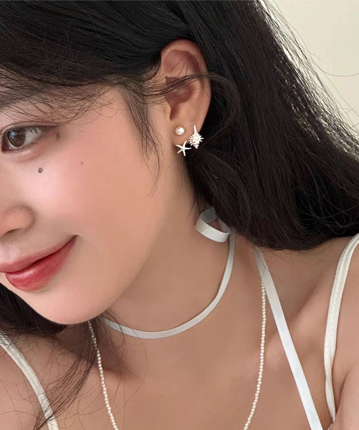 DIY Gold Copper Overgild Pearl Sea Star Conch Stud Earrings